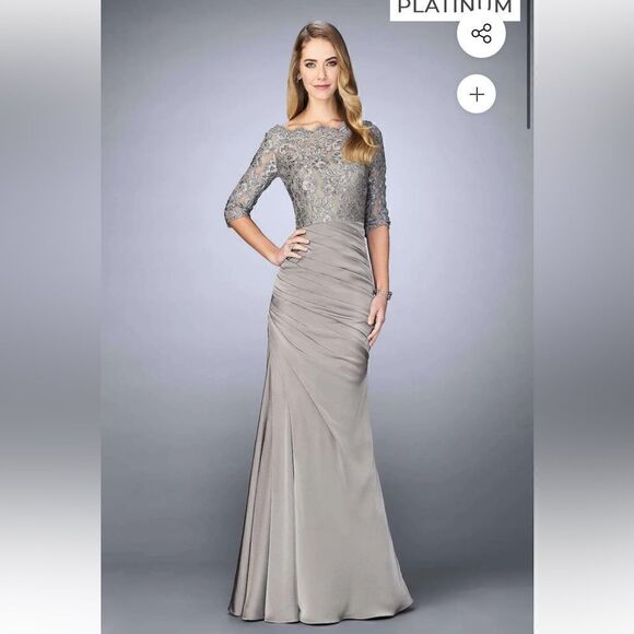 La Femme Dresses & Skirts - La Femme Elbow Sleeve Floral Lace with Ruching Gown 24926 in Platinum 4, NWT